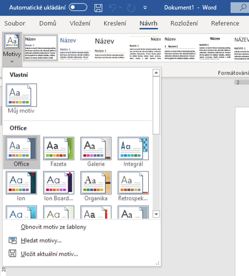 Na obrázku je snímek nabídky Motivy na kartě Návrh ve Wordu.