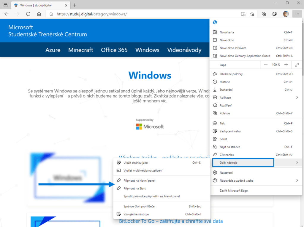Na obrázku je snímek nabídky Nastavení se zvýrazněnou možností Další nástroje a pod ní Připnout na hlavní panel a Připnout na Start v prohlížeči Microsoft Edge.