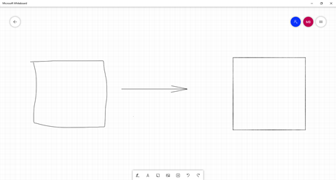 Na obrázku je naznačeno, jak Microsoft Whiteboard umí čtverec nakreslený od ruky převést na pravidelný geometrický obrazec.