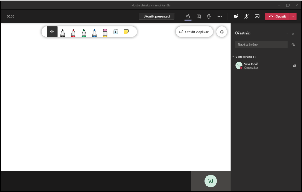 Na obrázku je snímek aplikace Microsoft Whiteboard integrované do online schůzky v Microsoft Teams.
