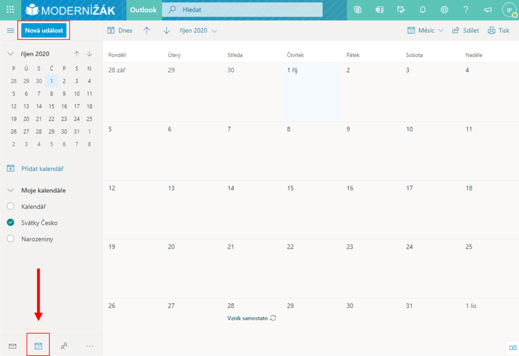 Na obrázku je snímek Kalendáře v Outlooku.