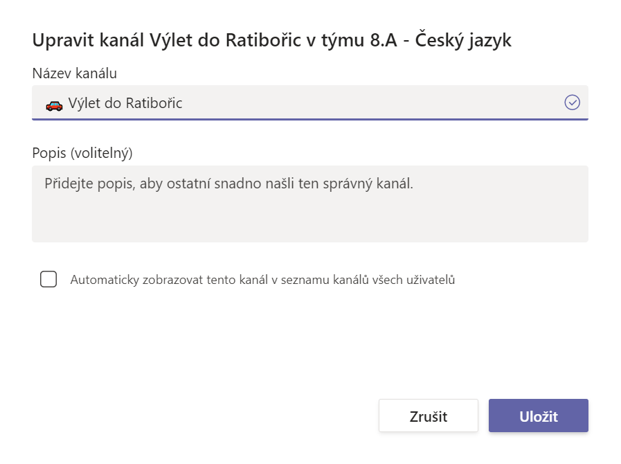 Na obrázku je ukázka vkládání emojis do názvů kanálů v Microsoft Teams.