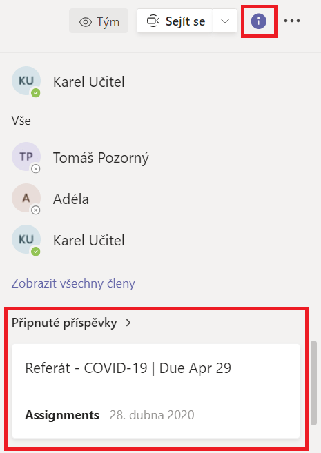 Na obrázku je panel informací v Microsoft Teams.