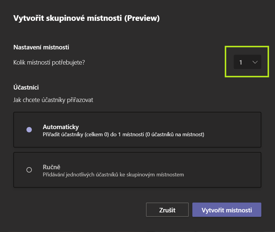 Na obrázku je nastavení Skupinových místností při hovoru v Microsoft Teams.