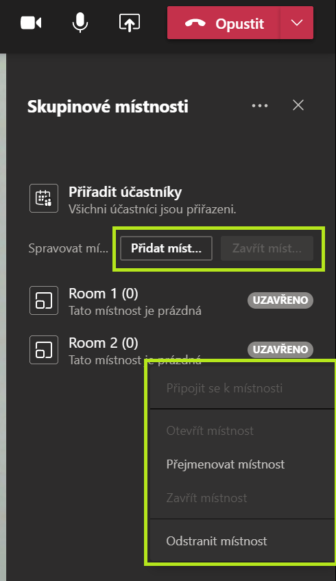 Na obrázku jsou možnosti Skupinových místností při hovoru v Microsoft Teams.
