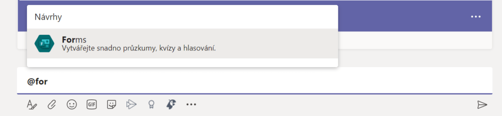 Na obrázku je možnost vytváření ankety pomocí Microsoft Forms v kanálu aplikace Microsoft Teams.