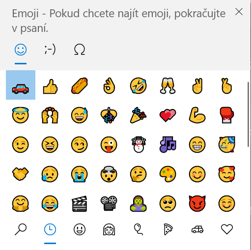 Na obrázku je ukázka emojis dostupných ve Windows 10.