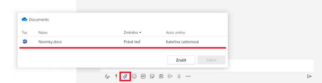 Na obrázku je možnost sdílení souboru z OneDrive v chatu aplikace Microsoft Teams.