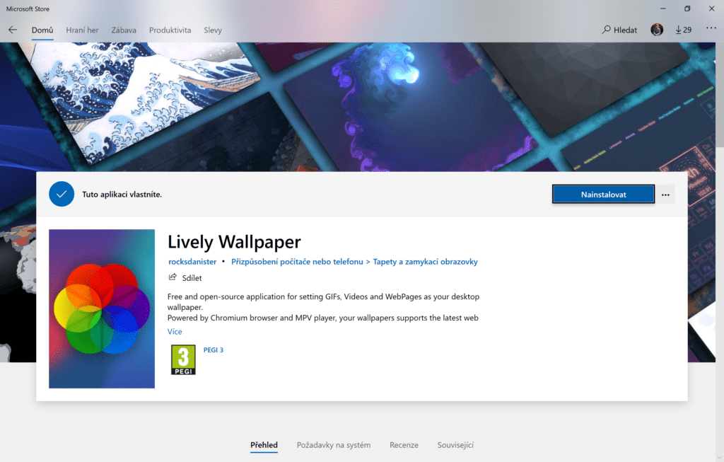 Na obrázku je snímek aplikace Lively Wallpaper v Microsoft Store.