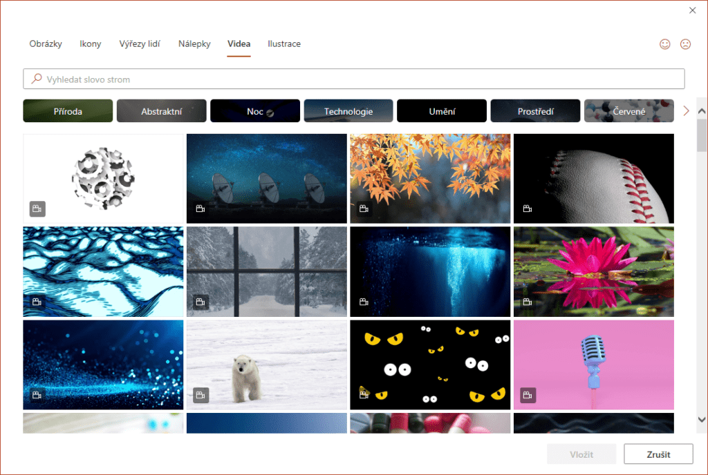 Na obrázku je záložka Videa v Knihovně obsahu v aplikaci PowerPoint.