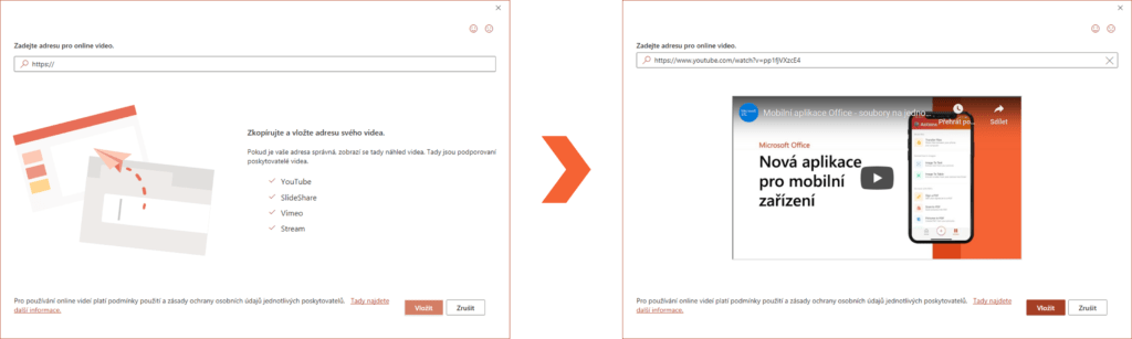 Na obrázku je možnost vložit online video pomocí URL odkazu v aplikaci PowerPoint.