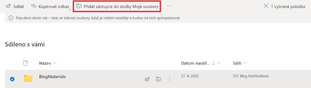 Na obrázku je možnost Přidat zástupce do složky Moje soubory v aplikaci OneDrive.