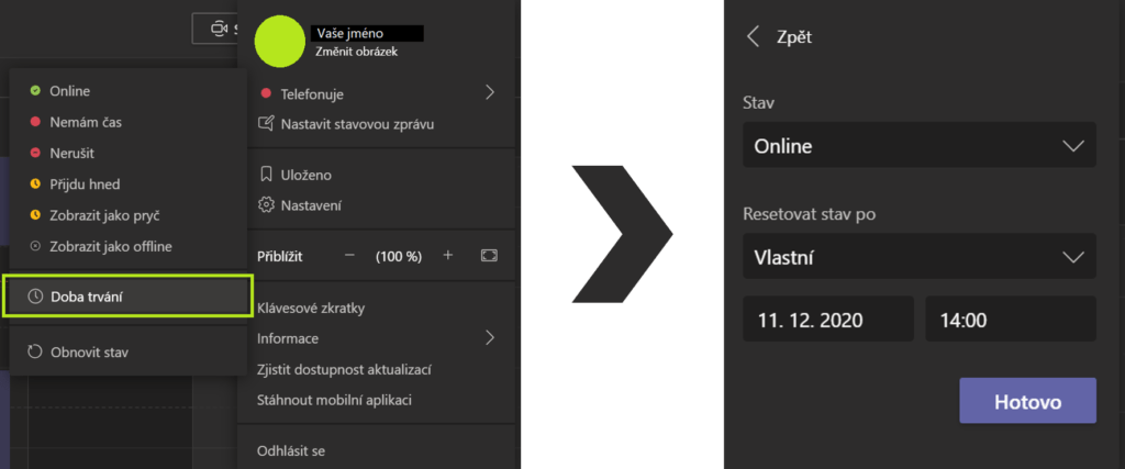 Na obrázku je možnost Doba trvání u stavu v Microsoft Teams.