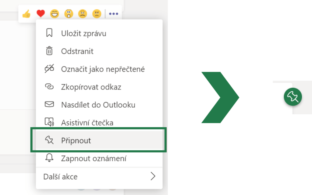 Na obrázku je možnost Připnout v Microsoft Teams.