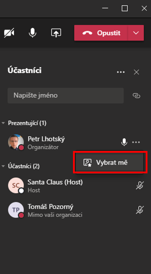 Na obrázku je možnost Vybrat mě při hovoru v Microsoft Teams.