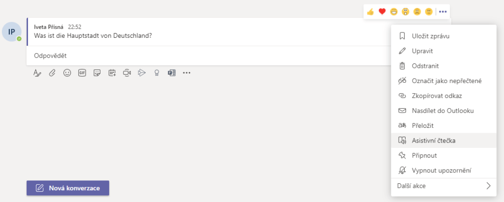Na obrázku je možnost Asistivní čtečka u příspěvku.