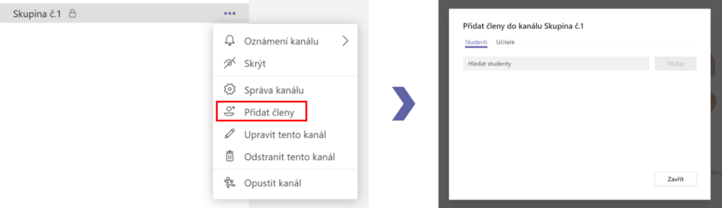 Na obrázku je postup, jak přidat členy do soukromého kanálu.