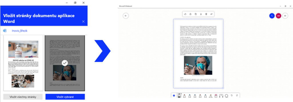 Na obrázku je naznačeno, jak Microsoft Whiteboard umí vložit dokumentu Wordu jakožto výtisk, s nímž lze v plátně dále pracovat.