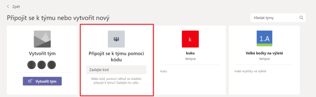Na obrázku je možnost Připojit se k týmu pomocí kódu.