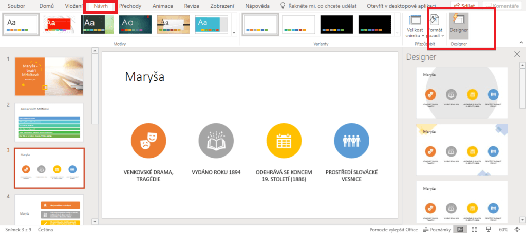 Na obrázku je funkce Designer v PowerPointu.