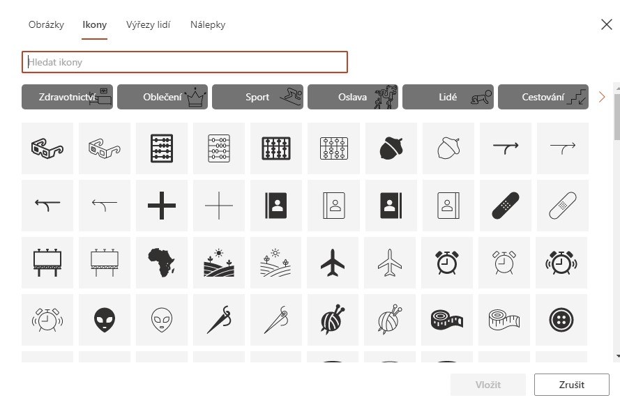 Na obrázku je nabídka ikon v PowerPointu.