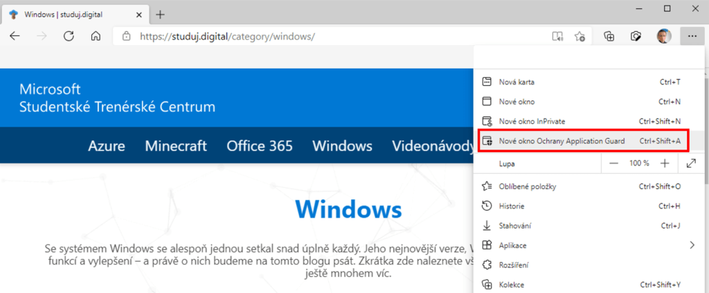 Na obrázku je snímek nabídky prohlížeče Microsoft Edge se zvýrazněnou položkou Nové okno Ochrany Application Guard.