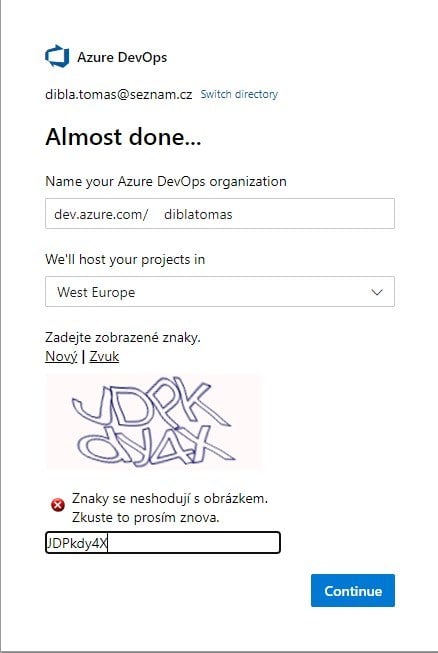 Stránka na založení organizace v Azure DevOps