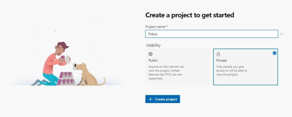 Úvodní stránka Azure DevOps, kde je možnost založit projekt
