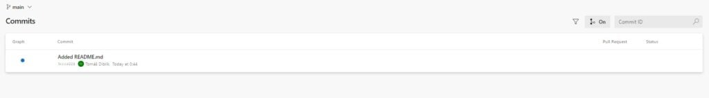 Základní menu projektu sekce Commits v portálu Azure DevOps