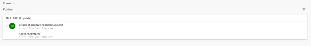 Základní menu projektu sekce Pushes v portálu Azure DevOps