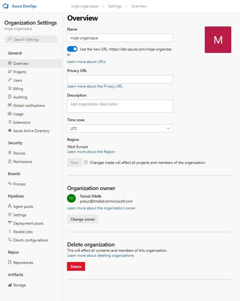 Nastavení organizace sekce Overview v portálu Azure DevOps