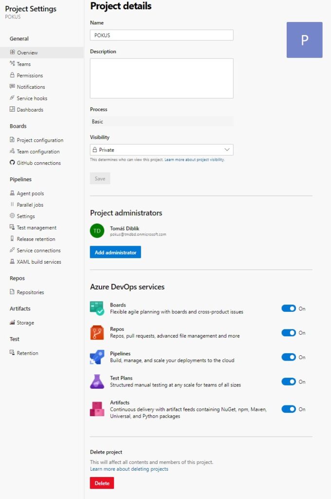 Nastavení projektu sekce Overview v portálu Azure DevOps