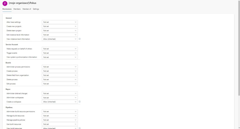 Nastavení organizace sekce Permissions > skupiny v portálu Azure DevOps