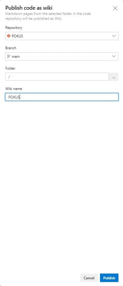 Základní menu projektu sekce Wiki > Publish code as wiki v portálu Azure