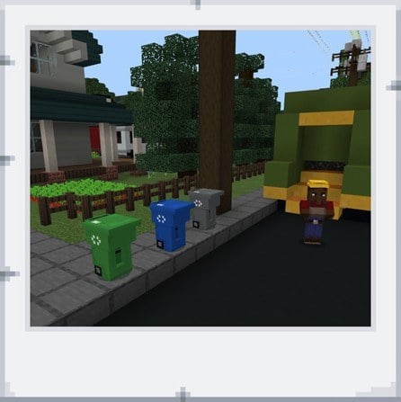Prostředí Minecraft mapy - popelářský vůz vedle popelnic