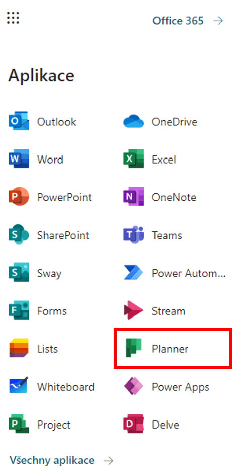 Na obrázku je seznam všech aplikací Portálu Office včetně vyznačené aplikace Planner.