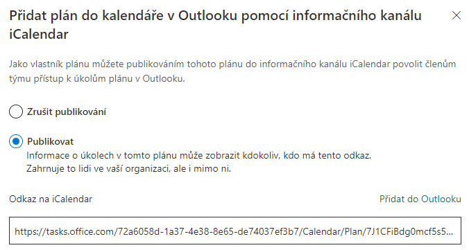 Na obrázku je snímek nastavení publikování plánu vedoucího k jeho přidání do kalendáře v Outlooku.