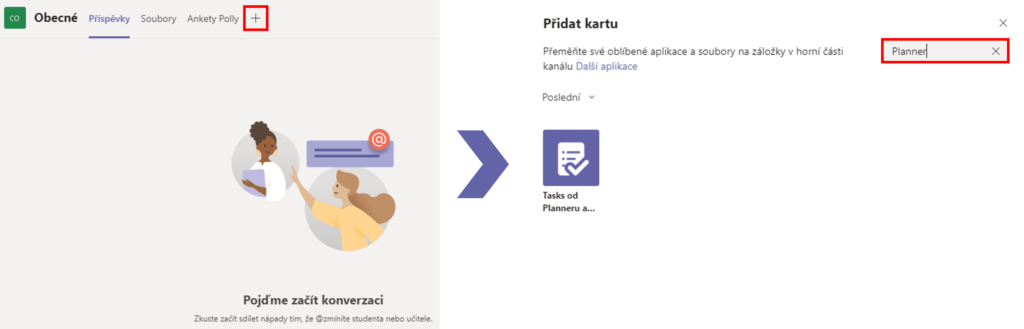 Na obrázku je postup, jak do určitého kanálu v týmu aplikace Microsoft Teams přidat novou kartu Tasks od Planneru a To Do.