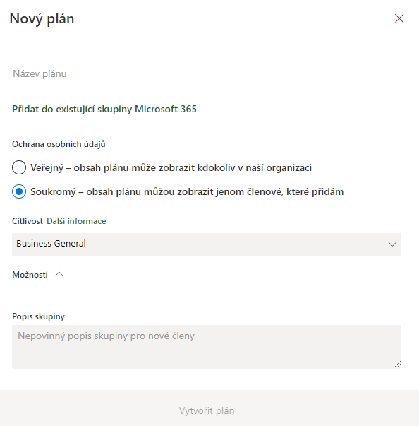Na obrázku je snímek vytvoření nového plánu s nastavením názvu, Ochrany osobních údajů, Citlivosti a Popisu skupiny.