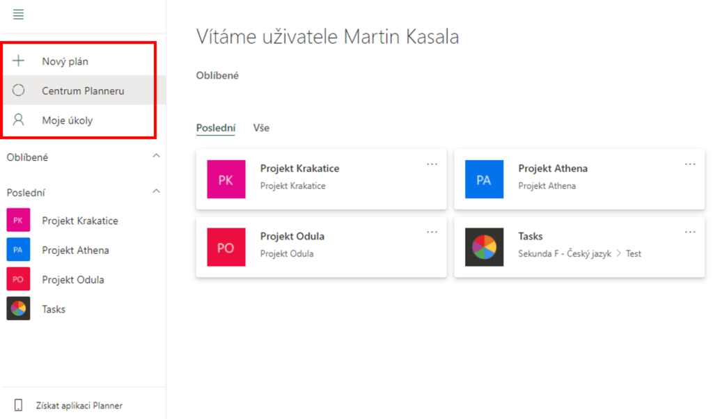 Na obrázku je hlavní obrazovka aplikace Planner a levý sloupeček s možnostmi Nový plán, Centrum Planneru a Moje úkoly.