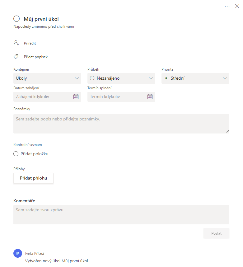 Na obrázku je snímek formuláře pro nový úkol s poli pro vyplnění všech vlastností úkolu.