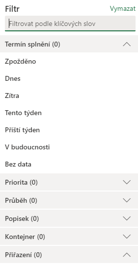 Na obrázku je panel Filtr s možnostmi Filtrovat podle klíčových slov nebo filtrovat dle termínu splnění a dalších kritérií.