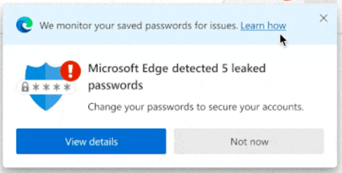 Na obrázku je Password Monitor v situaci, kdy by došlo k odcizení hesel, s výzvou si heslo změnit v prohlížeči Microsoft Edge.