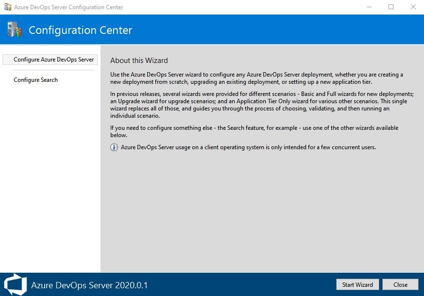 Instalační menu Azure DevOps serveru