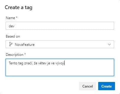 Základní menu projektu sekce Tags > Create a Tag v portálu Azure DevOps