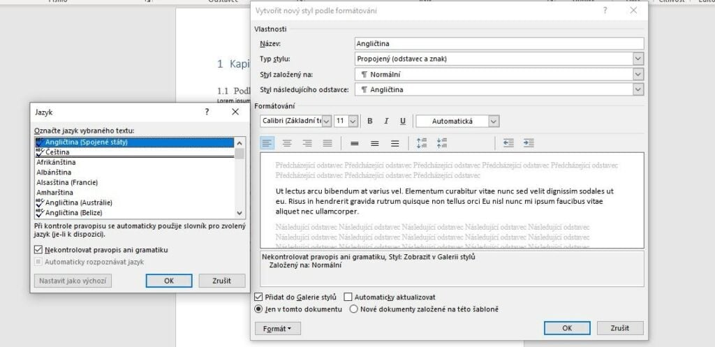 Snímek zobrazuje okna, kde uživatelé volí požadovaný jazyk textu ve Word dokumentu.