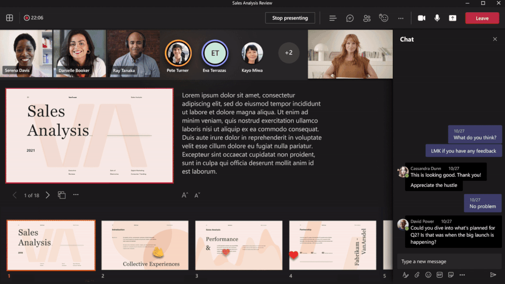Na obrázku jsou ukázány reakce a chat v nové funkci PowerPoint Live v Microsoft Teams.