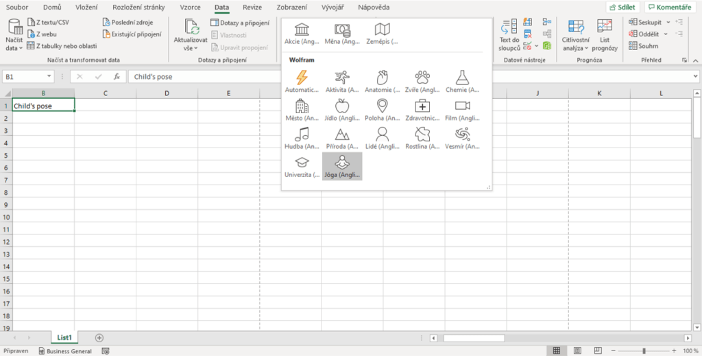 Na obrázku je ukázán nový datový typ Jóga v desktopové verzi aplikace Excel.