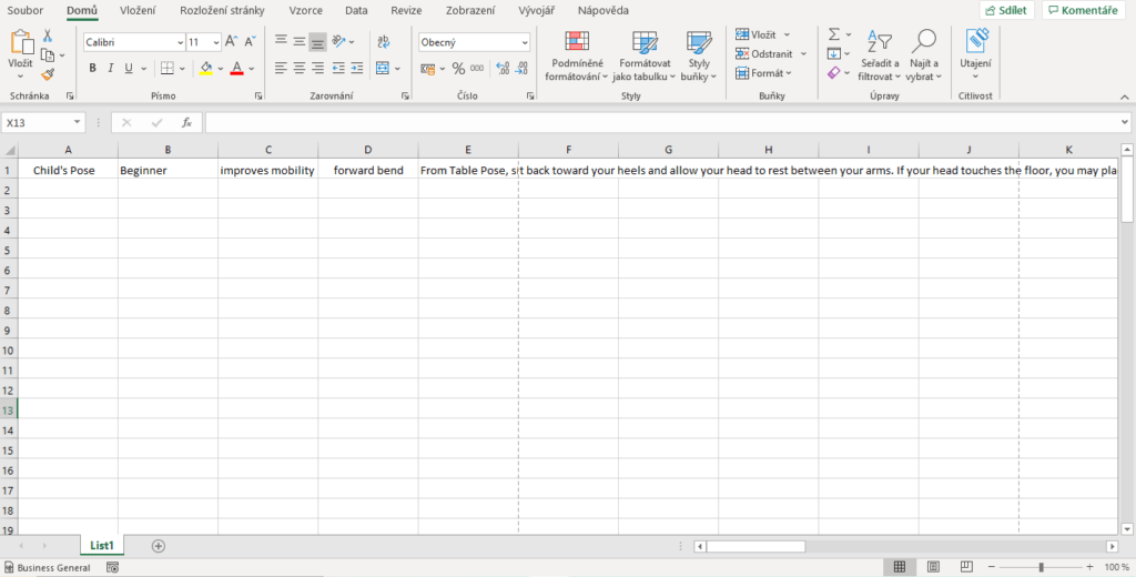 Na obrázku je ukázáno doplnění tabulky datovým typem Jóga v desktopové verzi aplikace Excel.