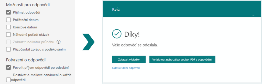 Na obrázku je ukázáno nové tlačítko Vytisknout nebo získat soubor s PDF odpověďmi ve službě Microsoft Forms.